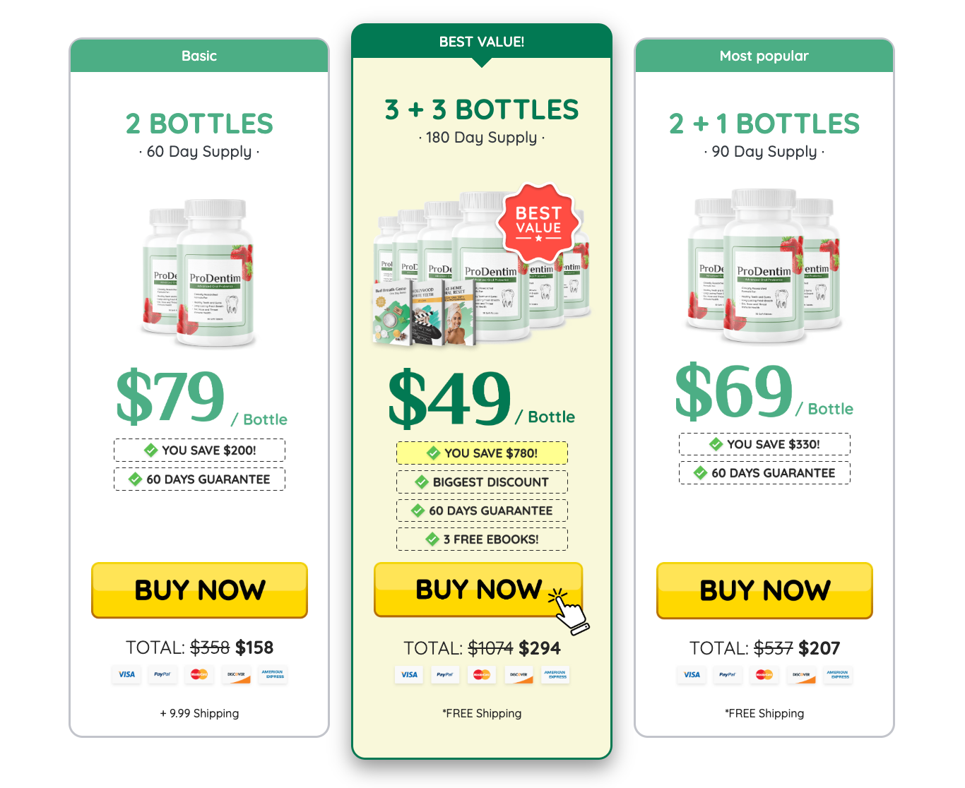ProDentim pricing plans – 1 bottle, 3 bottles, and 6 bottles with 60-day money-back guarantee